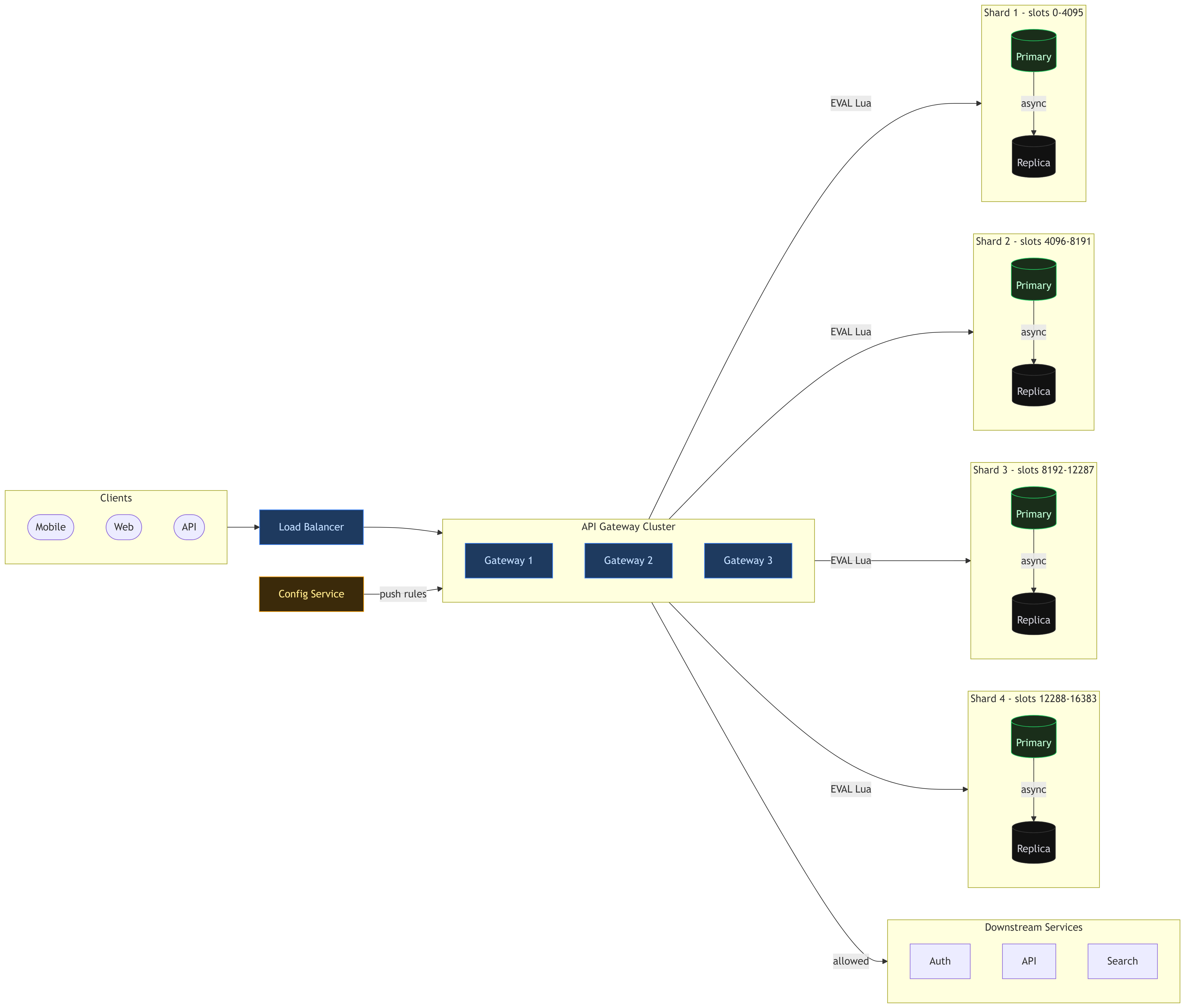 Distributed rate limiter architecture showing clients hitting a load balancer, 3 API gateway nodes with local caches, a config service pushing rules via pub-sub, 4 Redis primary shards with async replicas each owning distinct hash slot ranges, and downstream services receiving only allowed traffic